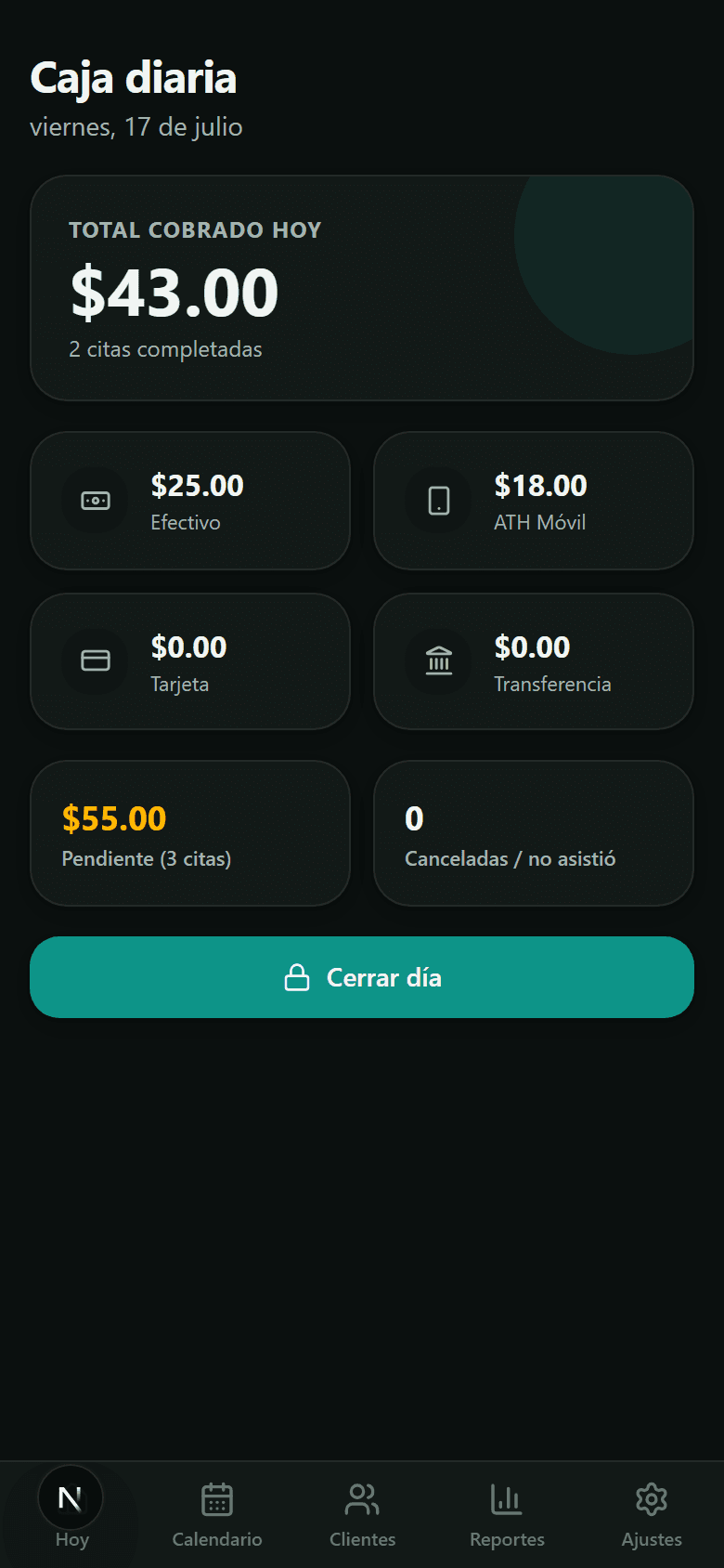 Pantalla: Caja diaria y Reportes