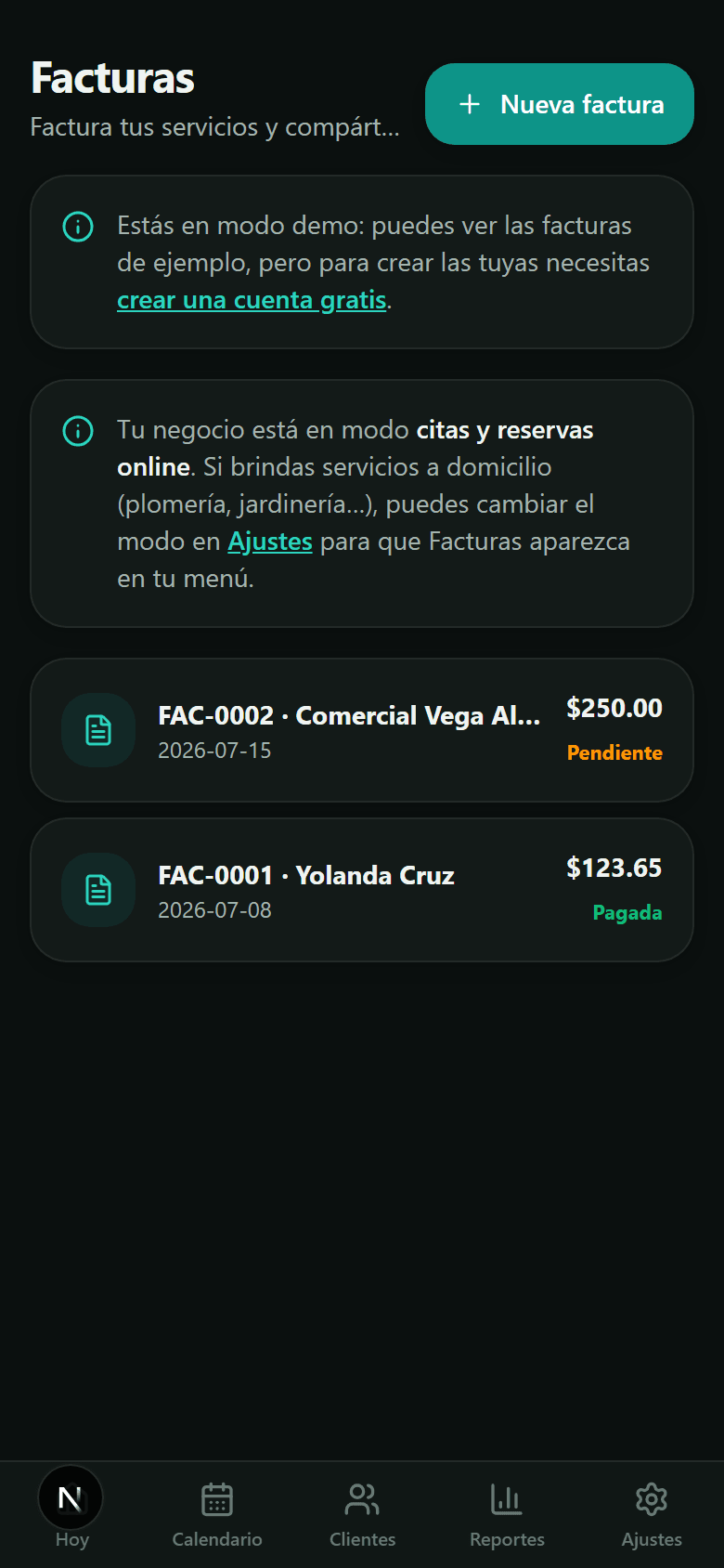 Pantalla: Facturas (servicios a domicilio)