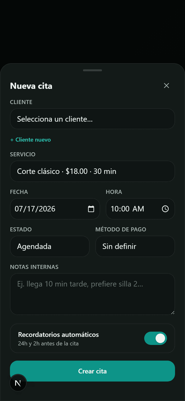 Pantalla: Citas: crear, editar y cobrar
