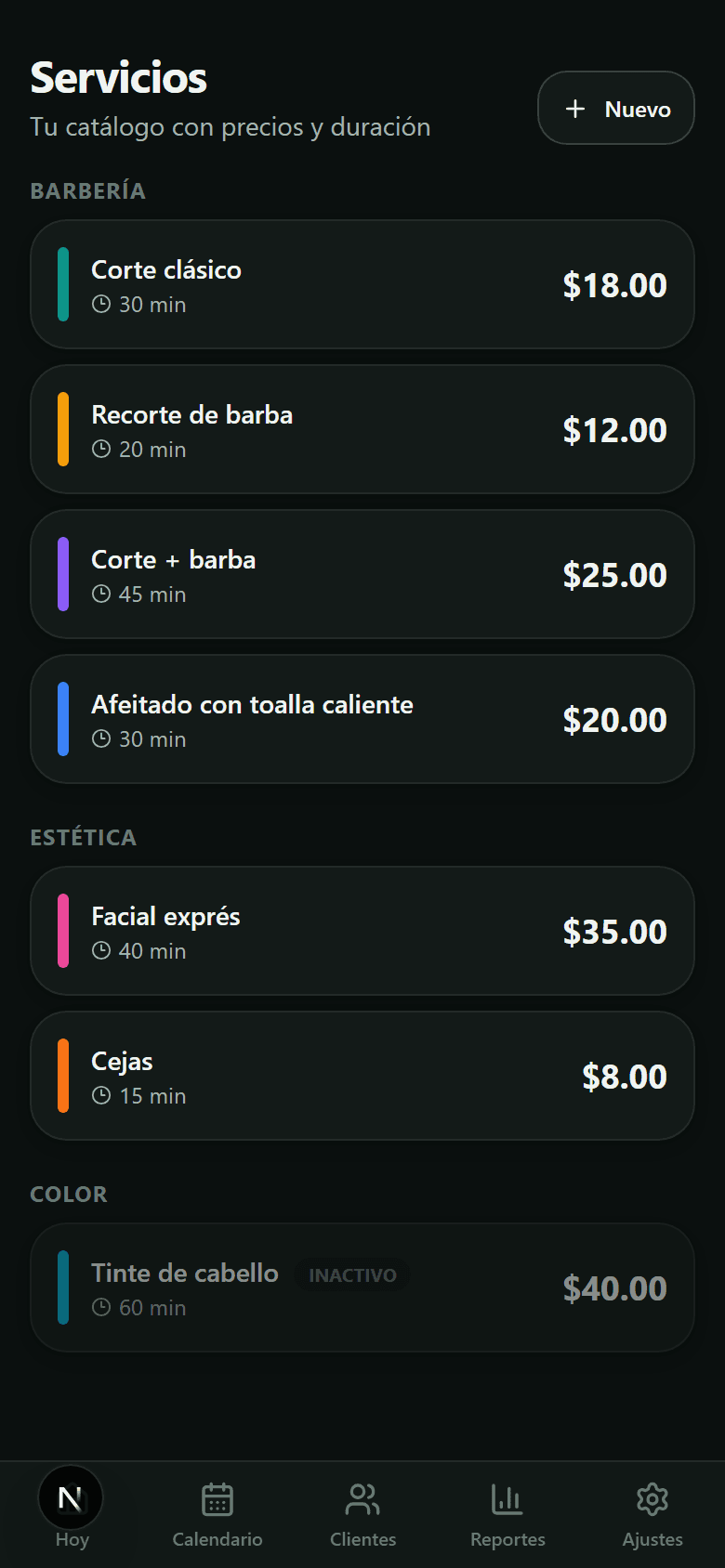 Pantalla: Servicios y precios